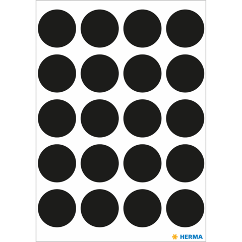 Schwarze runde Aufkleber auf einem weißen Hintergrund, angeordnet in einem 5x4-Raster.