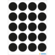 Schwarze runde Aufkleber auf einem weißen Hintergrund, angeordnet in einem 5x4-Raster.