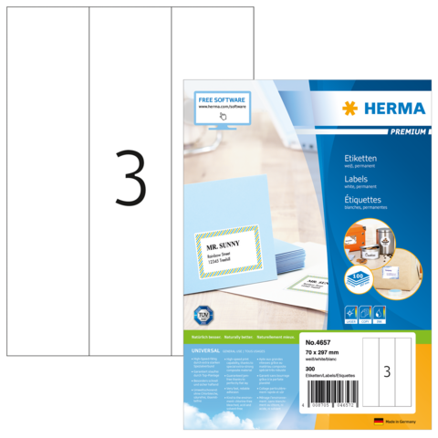 Etikettenpackung von HERMA mit der Nummer 4657, enthält 300 permanente Etiketten in der Größe 70 x 257 mm.