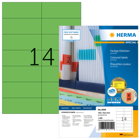 Grüne Etiketten mit der Nummer 14 auf einem Blatt, daneben die Verpackung von HERMA mit Informationen zu farbigen Etiketten.