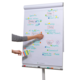 Eine Person platziert farbige Punkte auf einem Flipchart mit verschiedenen Begriffen und Notizen zu Strategien, Zielen und Erfahrungen.