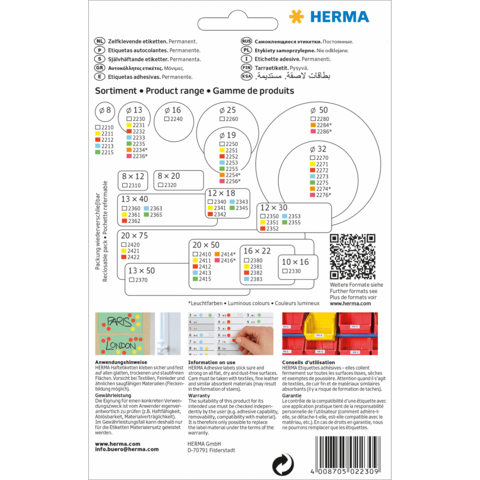 Produktübersicht für selbstklebende Etiketten von HERMA, einschließlich Größen und Artikelnummern. QR-Code für weitere Informationen.