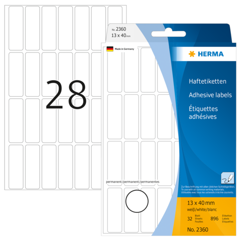 Haftetiketten von Herma, 13 x 40 mm, 32 Stück, mit der Nummer 28 auf dem Bogen. Verpackung zeigt auch die Verwendung und Spezifikationen.