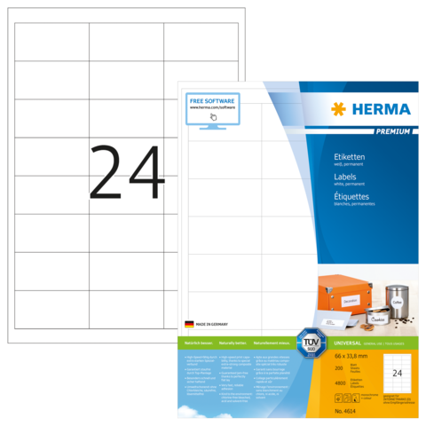 Etikettenblatt mit der Nummer 24, das leere Felder zeigt, sowie Informationen zu Herma Premium-Etiketten und deren Abmessungen.