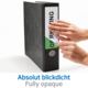 Ein schwarzer Ordner mit einem beschrifteten Etikett „Marketing“, während eine Hand das Etikett anhebt.