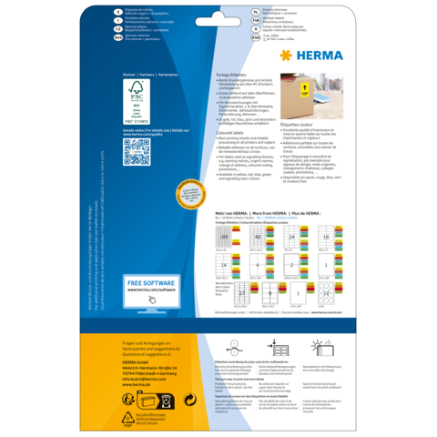 Verpackung von HERMA mit Informationen zu Etiketten, Software und Anwendungshinweisen. Enthält Farbcodes und Symbole zur Nutzung.