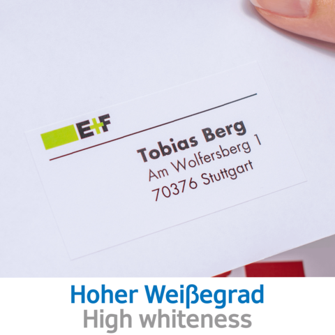 Visitenkarte von Tobias Berg, Am Wolfersberg 1, 70376 Stuttgart, mit dem Logo E+F und dem Hinweis auf hohen Weißgrad.