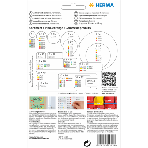 Produktübersicht für selbstklebende Etiketten von HERMA, einschließlich Größen, Farben und Anwendungshinweisen. QR-Code für weitere Informationen.