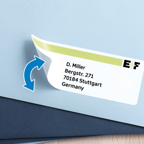 Visitenkarte mit dem Namen D. Miller, Adresse Bergstr. 271, 70184 Stuttgart, Deutschland und dem Logo von EF.