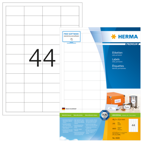 Etikettenblatt mit der Nummer 44, präsentiert von Herma, inklusive Informationen zu Größe und Software.