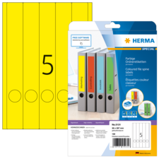 Bunte Ordneretiketten in gelb, rot, grün und blau, verpackt für die Beschriftung von Aktenordnern. Enthält 100 Etiketten.