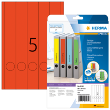 Bunte Ordneretiketten von Herma, geeignet für die Beschriftung von Aktenordnern, mit verschiedenen Farben für unterschiedliche Kategorien.