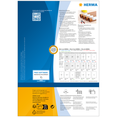 HERMA Produktverpackung mit Informationen zu Etiketten, QR-Code, Softwareangebot und Anwendungsbeispielen.