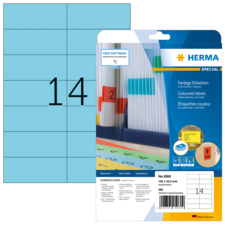 Bunte Etiketten von Herma, Packung mit 14 Etiketten, Größe 105 x 42,3 mm, inklusive Software-Hinweis.