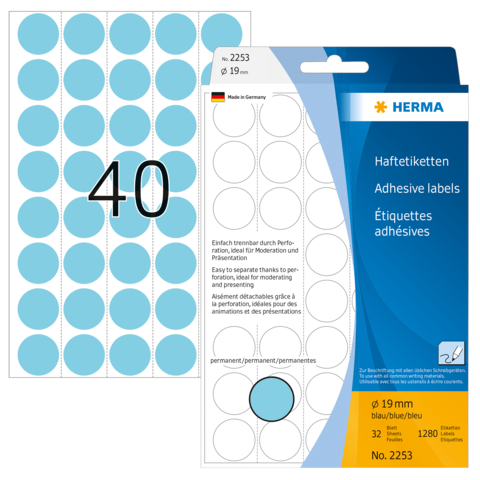 Blaues Etikettenblatt mit 40 runden, selbstklebenden Etiketten in der Größe 19 mm, verpackt in einer transparenten Hülle.