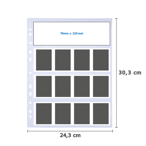 En fotoblad med plats för flera bilder, inklusive en övre rad för etiketter, med måtten 24,3 cm x 30,3 cm.