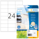 Etikettenblatt mit 24 Etiketten aus Recyclingpapier, verpackt in einer transparenten Hülle mit Produktinformationen und Softwarehinweis.