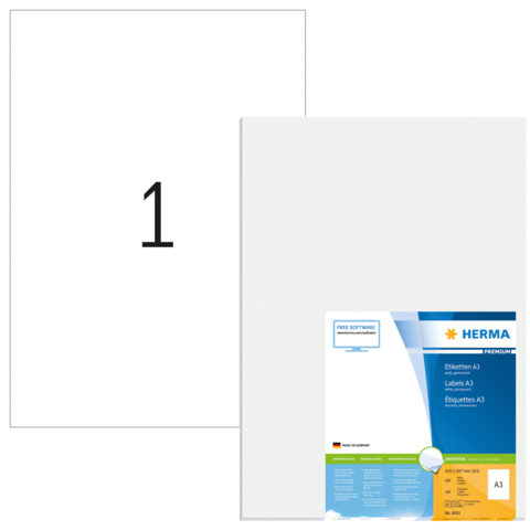 Ein Blatt mit der Nummer 1 und eine Verpackung für A3-Etiketten von HERMA, die Informationen über das Produkt enthält.