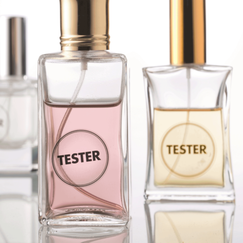 Drei Parfümflaschen mit dem Aufdruck "TESTER", eine mit rosa Flüssigkeit, die anderen klar und gelblich.