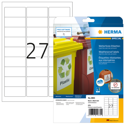 Wetterfeste Etiketten von Herma, Packung mit 27 Etiketten für verschiedene Anwendungen, inklusive Recyclingbehälter.