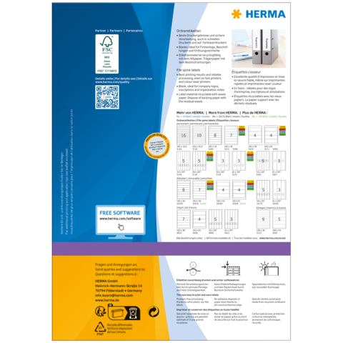 Anleitung zur Verwendung von HERMA-Produkten, einschließlich QR-Code und Informationen zu kostenloser Software. Grafiken und Diagramme zur Unterstützung.