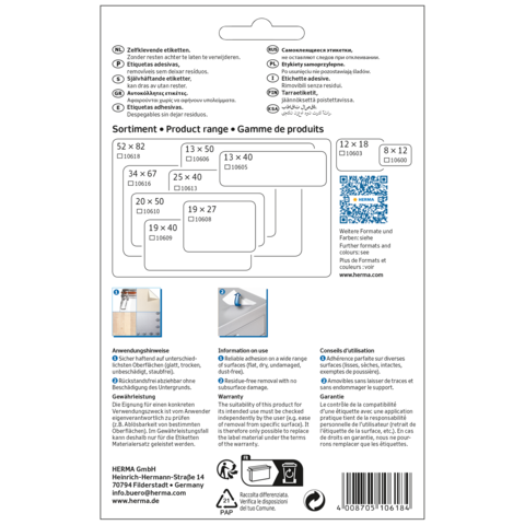 Produktverpackung mit verschiedenen Etikettengrößen und Anwendungshinweisen, einschließlich QR-Code und Herstellerinformationen.