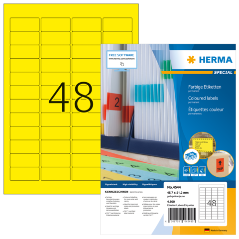 Gelbe Etiketten mit der Nummer 48, verpackt in einer Herma-Box, die farbige Etiketten für verschiedene Anwendungen enthält.