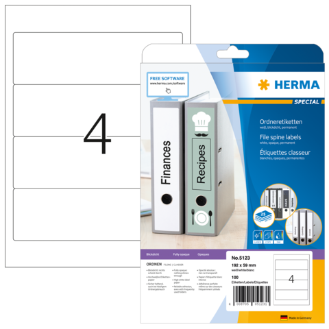 Ordneretiketten von Herma, inklusive Vorlagen für "Finanzen" und "Rezepte", verpackt mit 100 Etiketten für die Beschriftung.