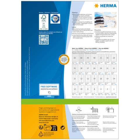 Produktinformationen von HERMA, einschließlich QR-Code, Software-Hinweis und eine Tabelle mit Formaten und Größen für Etiketten.