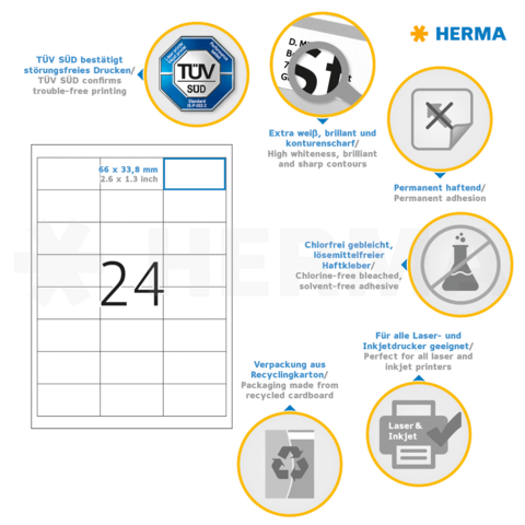Aufkleber mit der Nummer 24, umgeben von Informationen zu Druckqualität, Haftung und Materialeigenschaften.