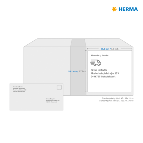 Versandkarton mit Absenderinformationen und einem Adressetikett. Enthält Maße für den Karton und ein Beispiel für eine Postkarte.