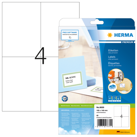 Etikettenblatt mit vier beschriftbaren Etiketten, verpackt in einer transparenten Hülle. Enthält die Marke HERMA und die Produktnummer 6830.