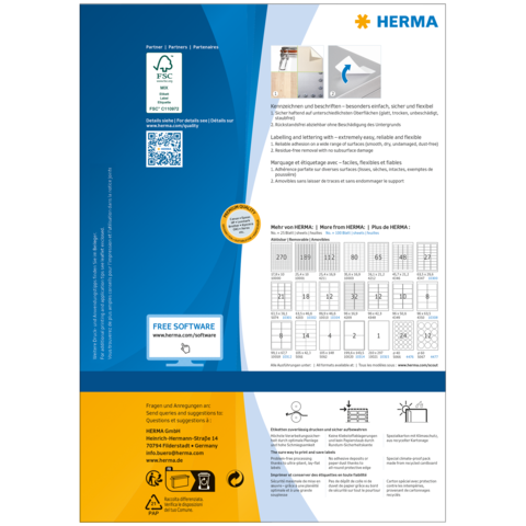 Produktinformationen von HERMA, einschließlich Softwarehinweis und Anleitungen zur Verwendung von Etiketten. Enthält QR-Code und Tabellen.