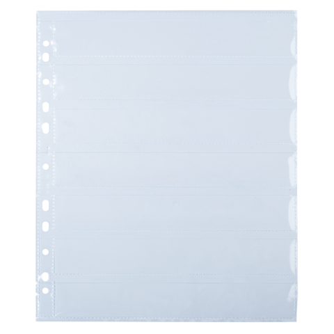 Leere, transparente Sammelblatt mit mehreren Fächern, geeignet für die Aufbewahrung von Dokumenten oder Fotos.