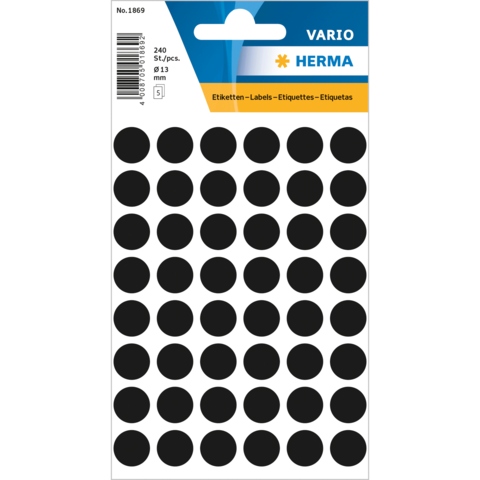 Schwarze runde Etiketten auf einem Bogen, insgesamt 240 Stück, Durchmesser 13 mm, verpackt von der Marke Herma.