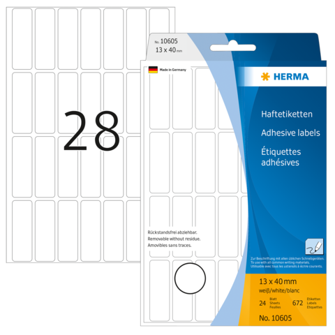 Haftetiketten-Packung mit 24 weißen Etiketten (13 x 40 mm) und der Nummer 28 auf der Vorderseite. Hergestellt in Deutschland.