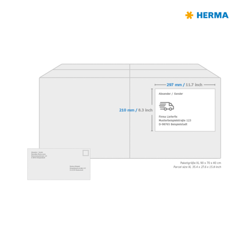 Paketgröße XL mit Abmessungen von 297 mm x 210 mm und einer Postkarte daneben, die Absenderinformationen zeigt.