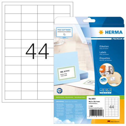Etikettenpackung von Herma mit der Nummer 44, inklusive Beispieletiketten und Hinweis auf kostenlose Software zur Gestaltung.