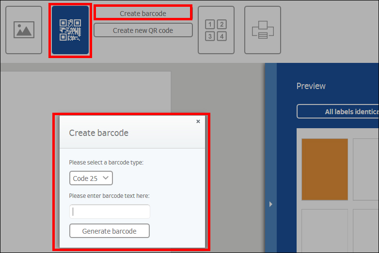 Ein Fenster zur Erstellung eines Barcodes zeigt Optionen zur Auswahl des Barcode-Typs und Eingabefelder für den Barcode-Text.